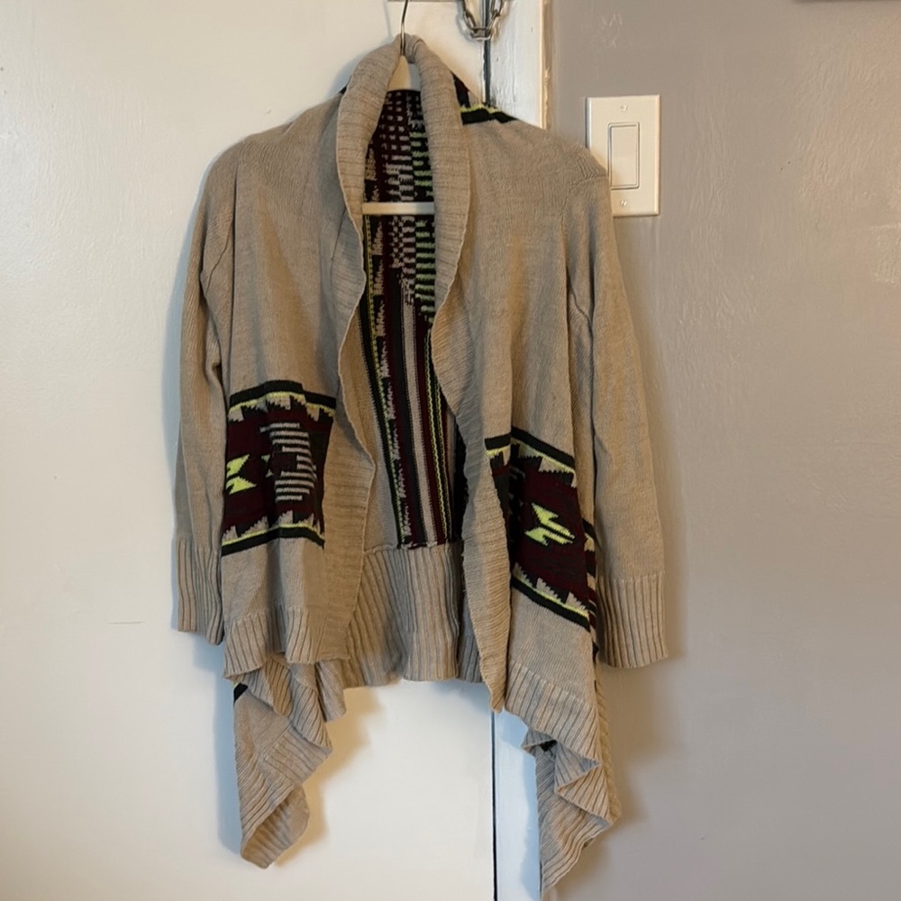 Beige Waterfall Cardigan with Tribal Pattern
